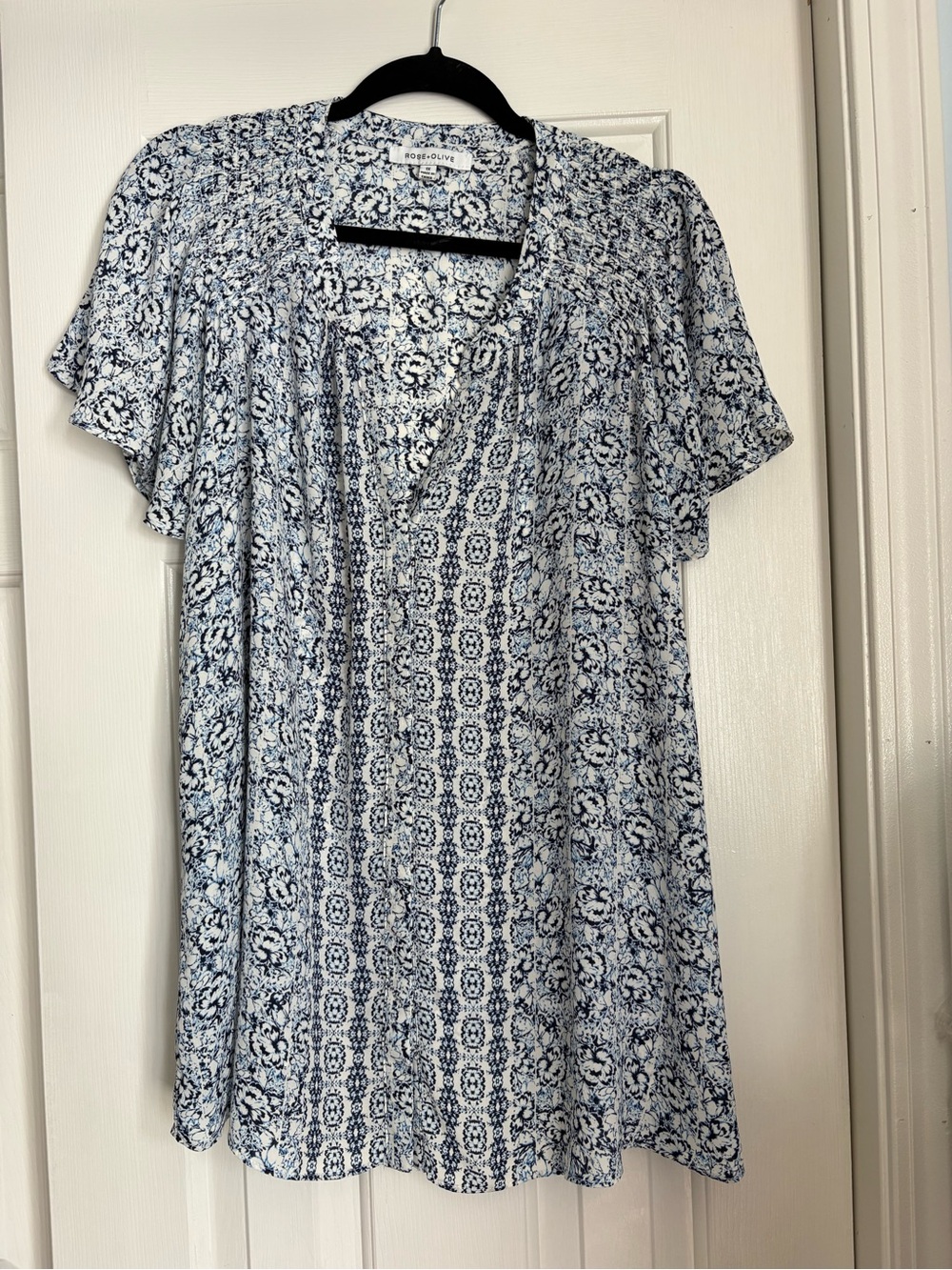 Rose & Olive Light Blue and White Printed V‑Neck Tunic